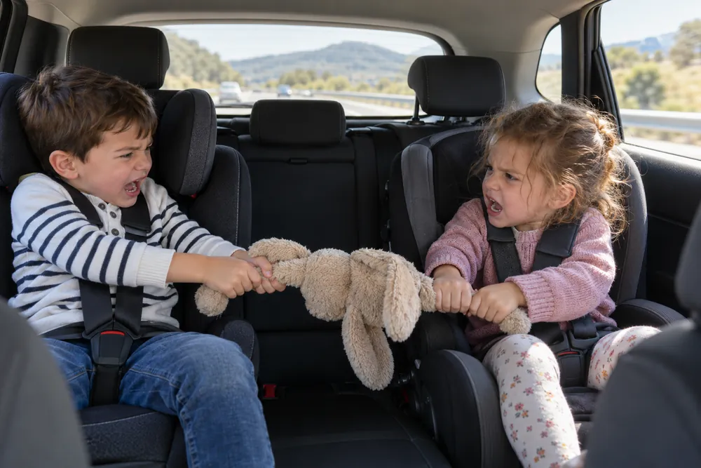 Dos niños en sus sillas infantiles peleándose en el asiento trasero mientras se circula.