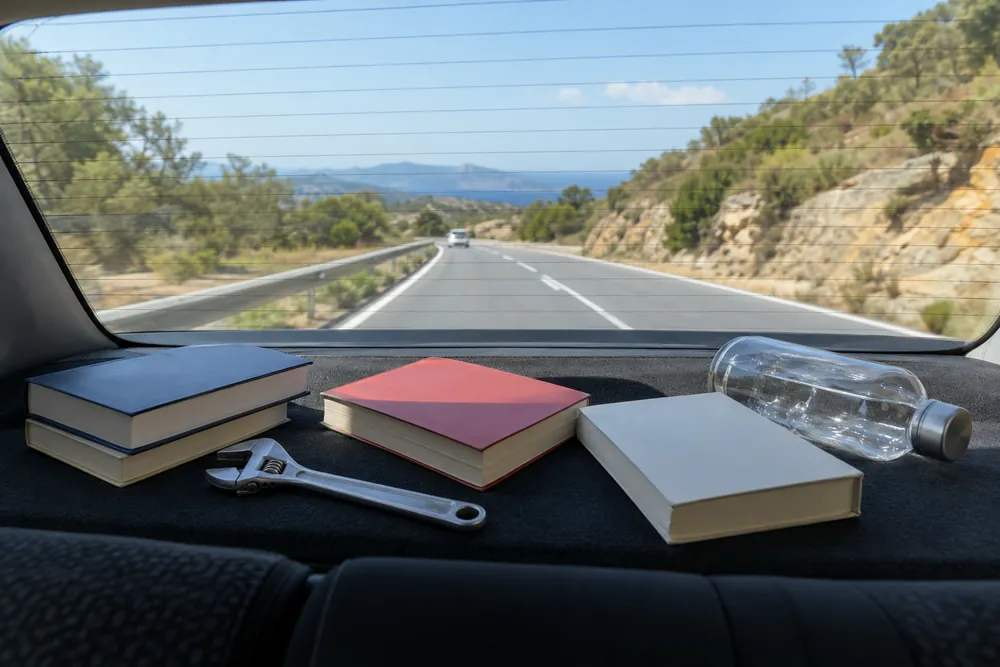Libros y una herramienta sueltos sobre la bandeja trasera de un turismo, vistos desde el asiento trasero.