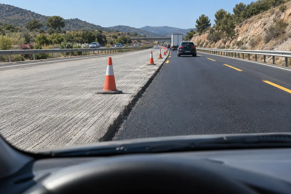 Tramo de obras con un escalón entre el carril fresado y el asfaltado.