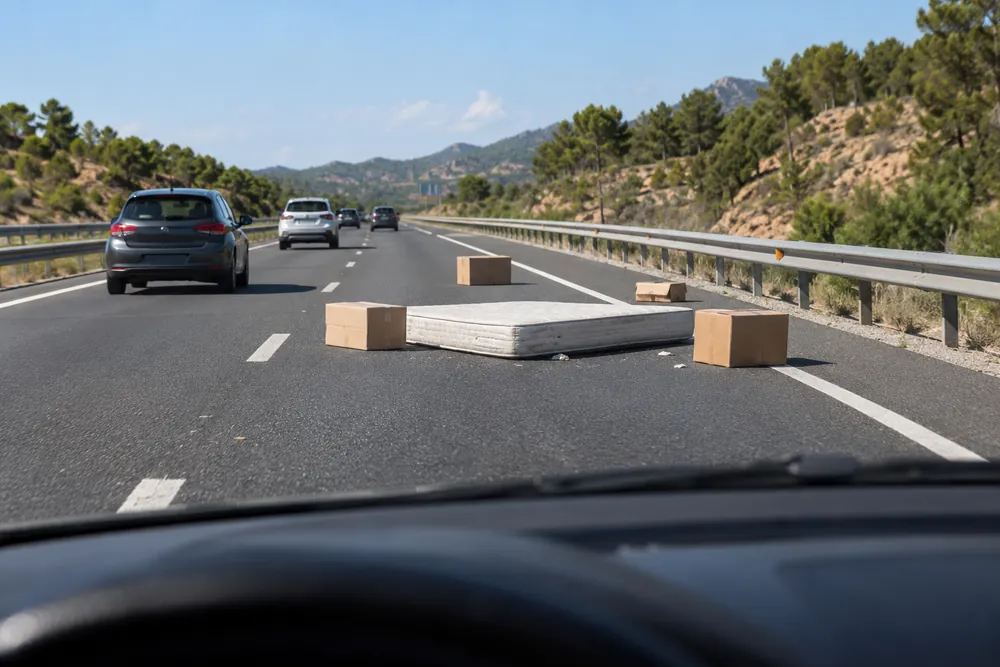 Objeto caído en el carril por delante en una autovía, visto desde el puesto de conducción.