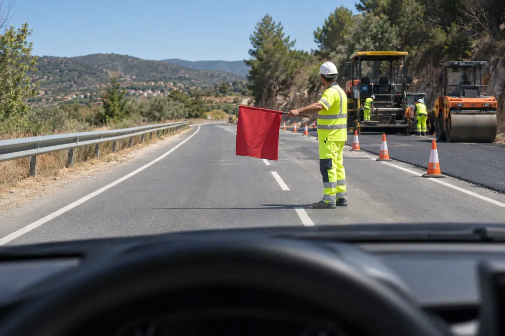 Operario de obras con una banderola roja deteniendo el tráfico en un paso alternativo.