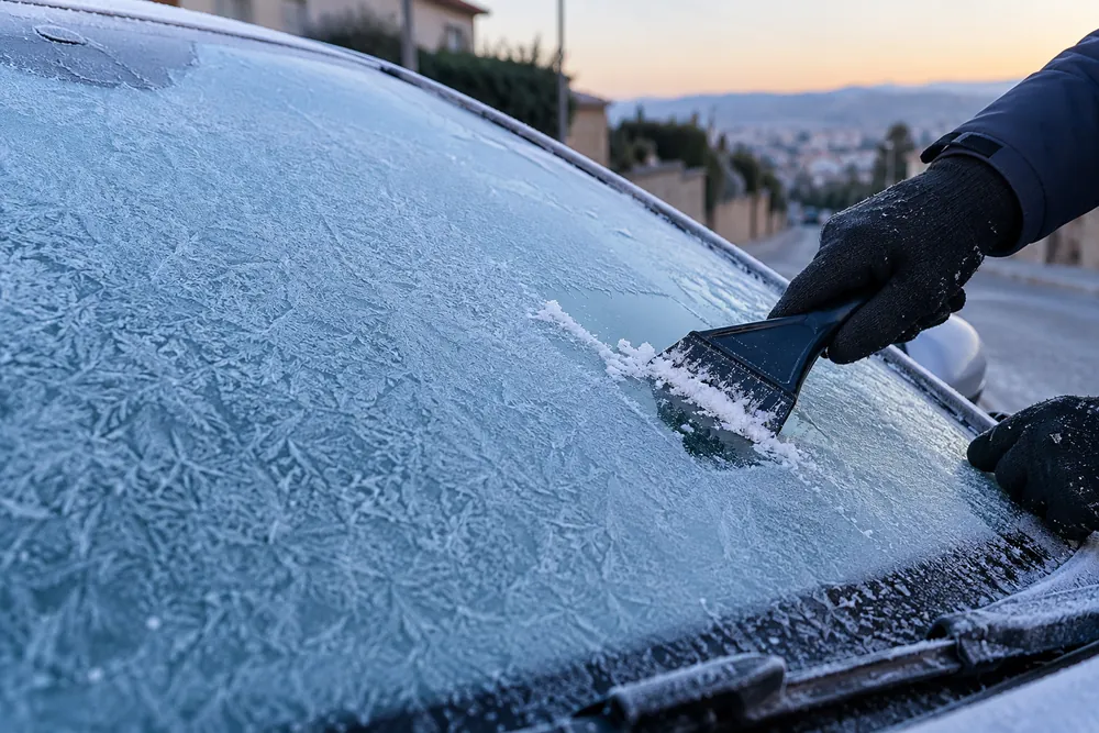 Parabrisas cubierto de escarcha una mañana de invierno.