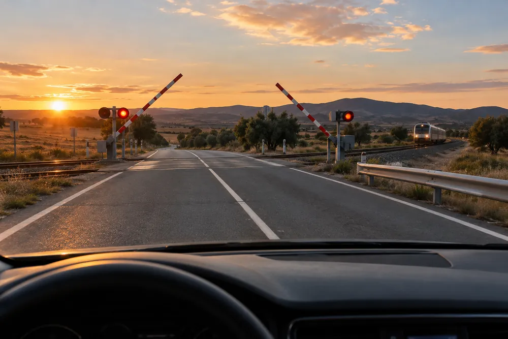 Paso a nivel con las barreras bajando y las luces rojas encendidas, visto desde el coche que se aproxima.
