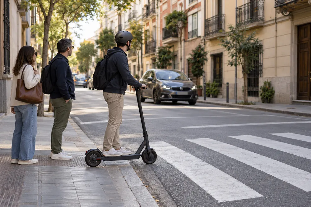 Usuario de patinete eléctrico llegando montado a un paso de peatones.