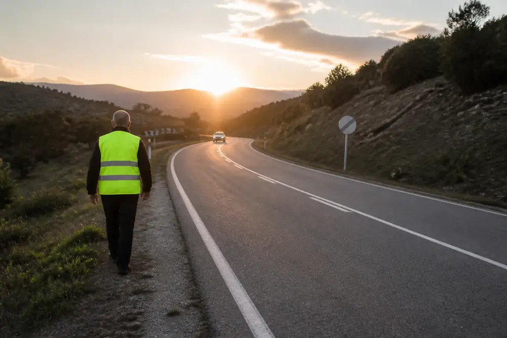Peatón caminando por el arcén izquierdo de una carretera con chaleco reflectante
