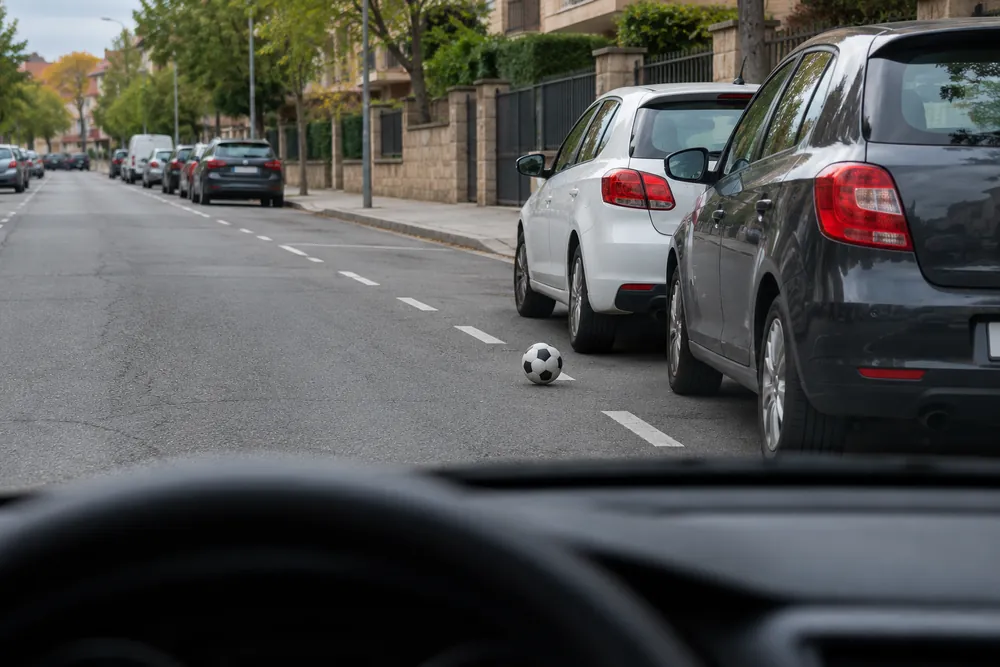 Balón en la calzada entre dos coches estacionados; no hay ningún niño visible.
