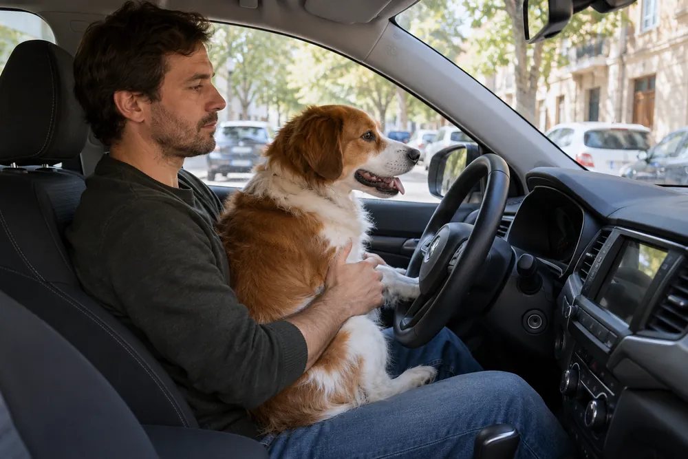 Perro en el regazo de una persona al volante de un coche detenido.