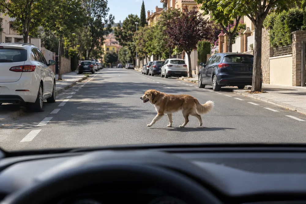 Perro suelto cruzando la calzada de una calle urbana delante del coche.
