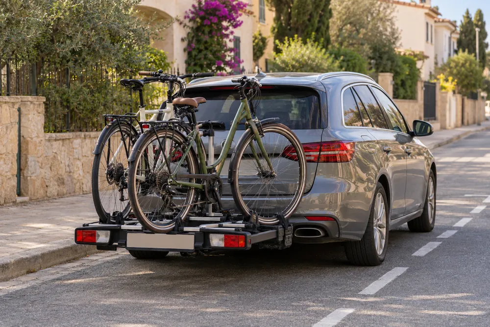 Turismo con un portabicicletas montado en la bola de enganche y dos bicicletas.