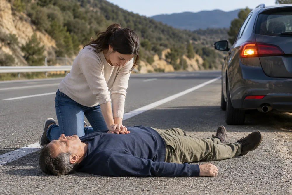 Persona realizando compresiones torácicas a otra tendida en el suelo junto a la carretera.