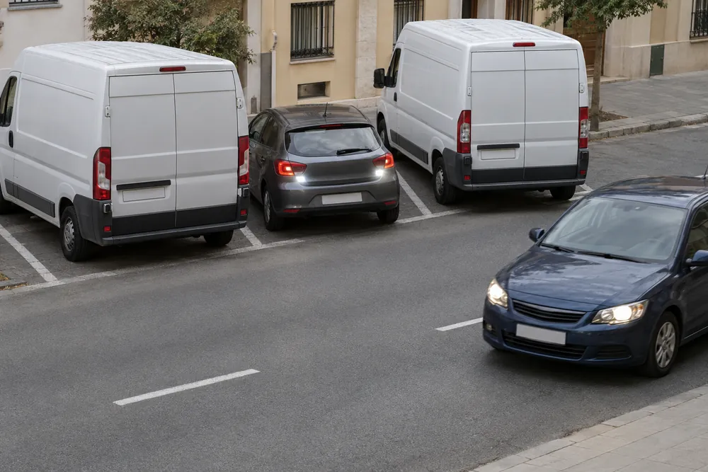 Turismo saliendo marcha atrás de una plaza en batería entre dos furgonetas que tapan la vista.