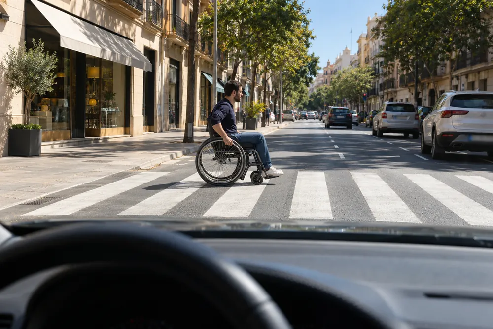 Persona en silla de ruedas cruzando por un paso de cebra con un coche detenido esperando.