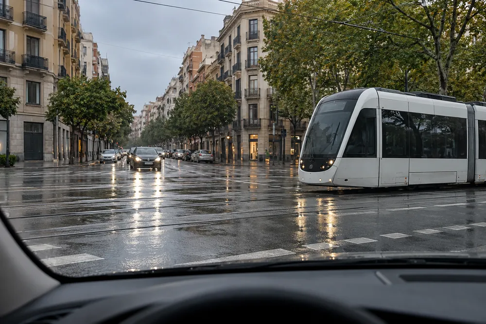 Tranvía que se acerca a un cruce urbano con la calzada mojada, visto desde el puesto de conducción.