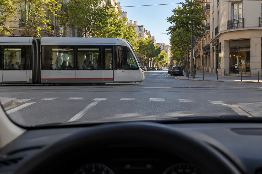 Tranvía que llega desde la izquierda a una intersección sin señales visibles.