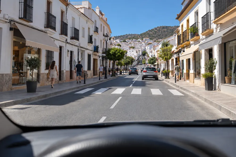 Carretera convencional que atraviesa un pueblo, con casas a ambos lados y un paso de peatones.