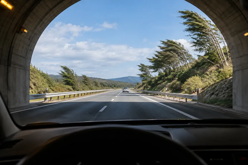 Salida de túnel hacia una carretera con vegetación inclinada por el viento.